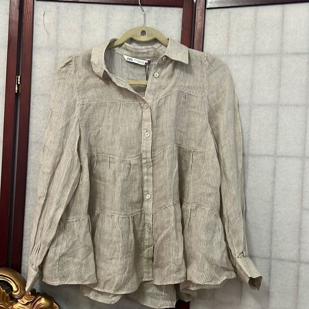 NWT ZARA 100% LINEN STRIPED BLOUSE SIZE XS